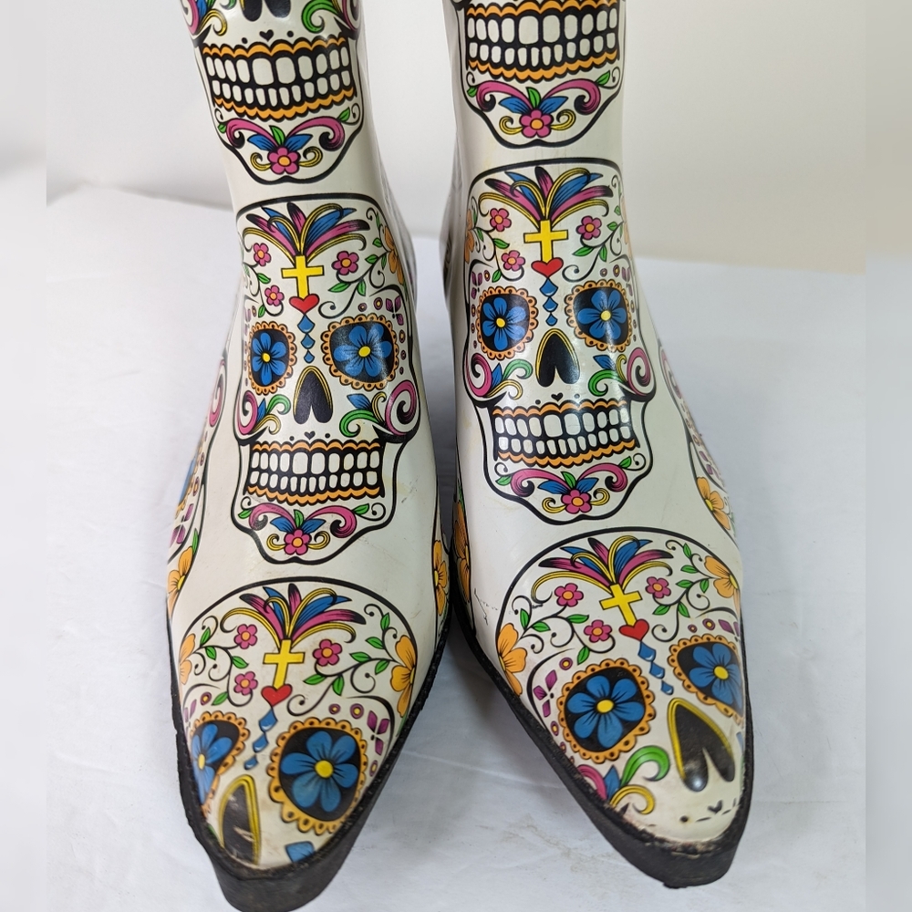 SOLD Rain Boots Sugar Skull Dia de Meurtos 6 Western Boot Style Cowgirl - Picture 13 of 15